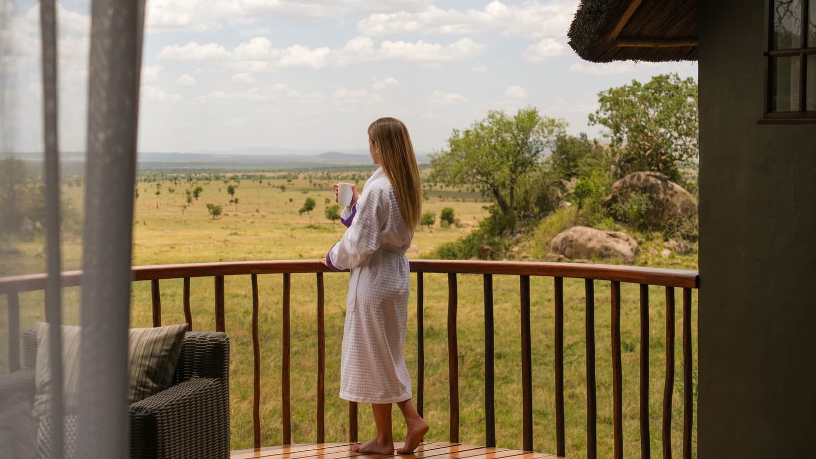 Panoramic view of the savannah from the terrace of a luxury lodge in Tanzania